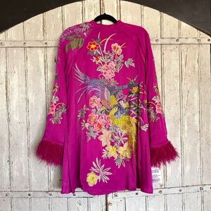 Hot Pink Colorful Embroidery Dress with Swing Sleeves with Feathers